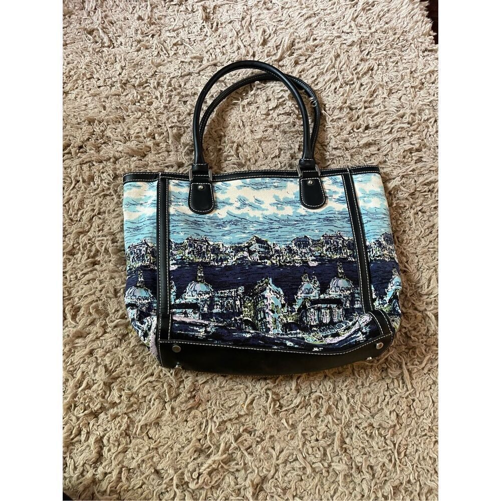 Talbots‎ Tote Bag Venice Waterscape Navy Blue Canvas Brocade Weave Purse Italian